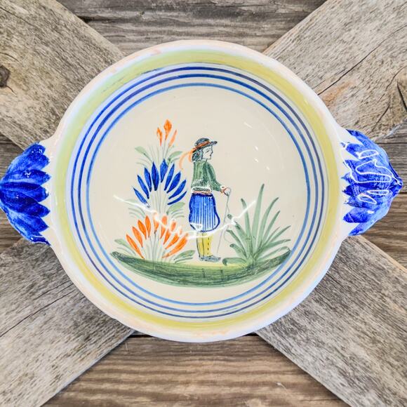 1930's French Faience Henriot Quimper Breton Man-Tureen w/ Lid and Handles-7.5"W - Picture 1 of 10